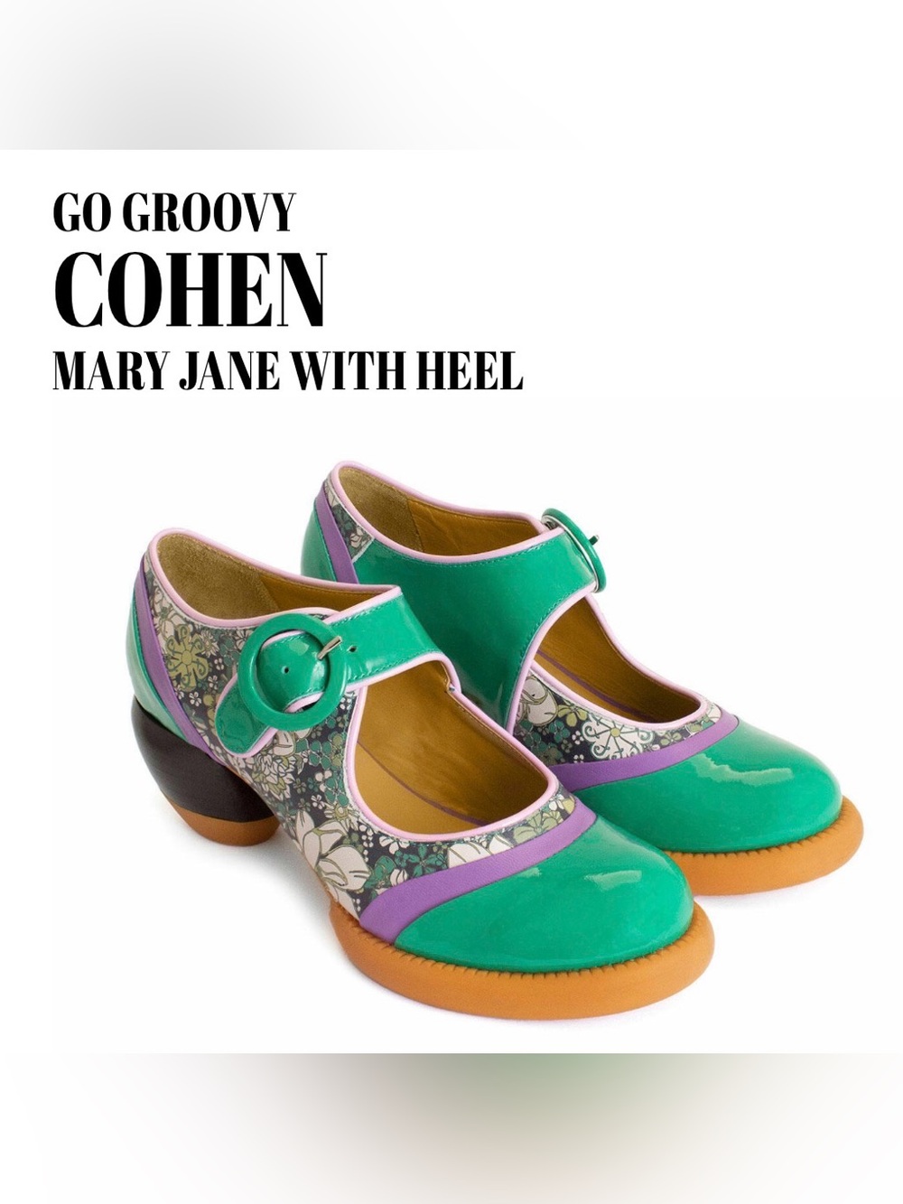 Fluevog LIKE NEW Go Groovy Cohen green patent/floral leather MJ buckle heel -7